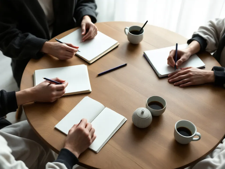 Mains posées près de carnets et de tasses de thé autour d'une table, pendant une discussion en petit comité