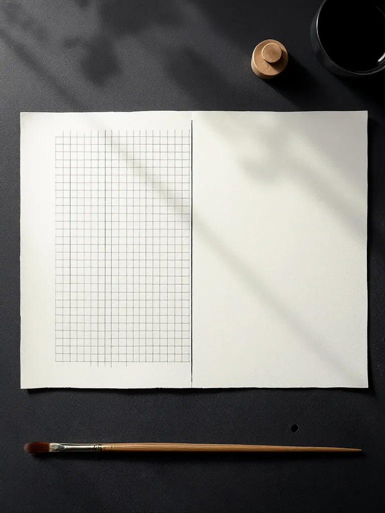 Feuille de papier japonais : une grille tracée à la règle d'un côté, un trait d'encre libre de l'autre